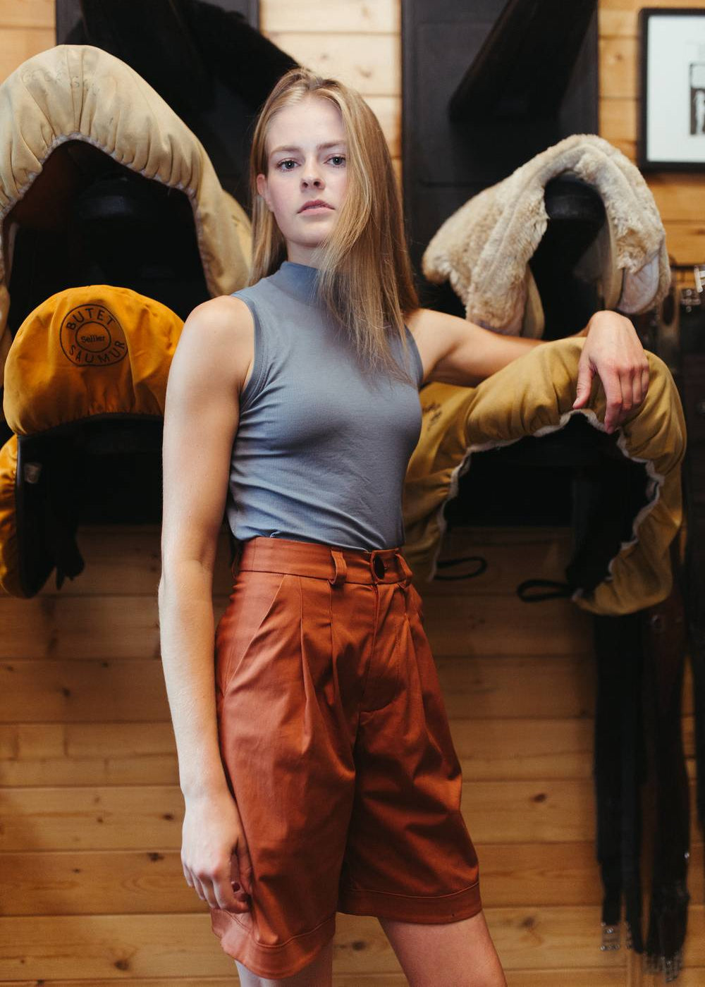 Hickstead | High Waist Pleated Cotton Shorts